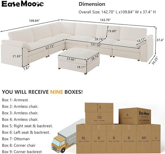 EASE MOOSE Oversized L Shape Sectional Couch,Extra Large Deep seat Gray Sectional Modular Sofa for Living Room,White