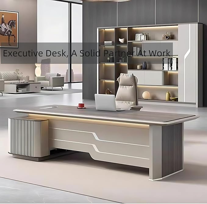 94IN Executive Office Desk - Large Office Desk L Shaped Computer Desk with 2 Drawers & Grille Design | Thickened Countertop & Large Capacity Side Cabinet Storage & Metal Cabinet Handle