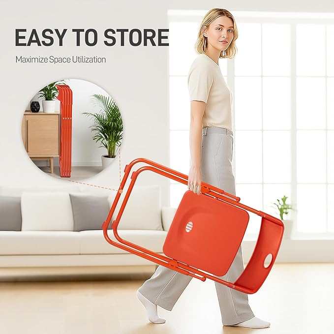 Karl home 4 Pcs Folding Chair, 300LBS Lightweight Foldable Plastic Chair, Reinforced Metal Frame Easy to Fold & Store for Indoor & Outdoor, Wedding, Party, Meeting Room, Patio and Garden, Orange