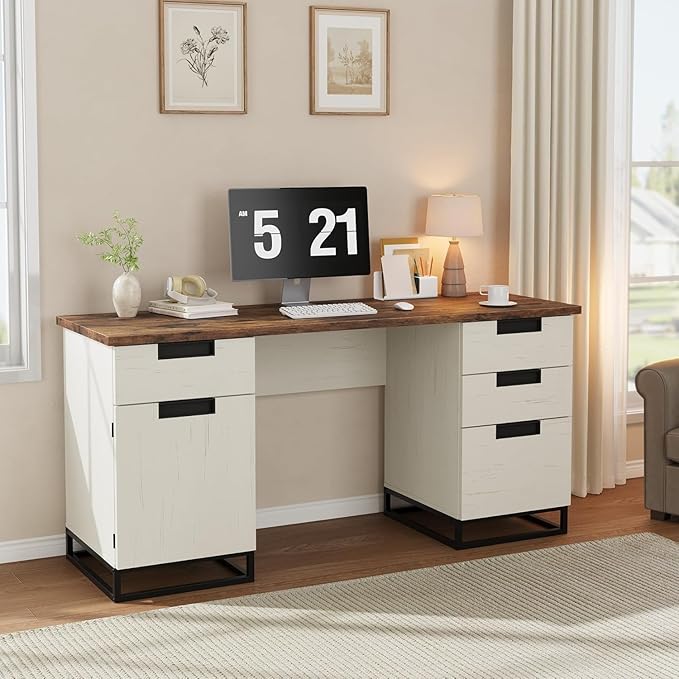 IDEALHOUSE Farmhouse Executive Desk, 59" Computer Desk, White Home Office Desks with File Drawer and Storage Cabinet, Wood Writing Desks for Home Office, Bedroom, White+Vintage