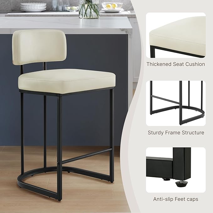 26" H Counter Height Bar Stools Set of 4, Modern Faux Leather Upholstered Barstools with Backrest for Kitchen Island, Black Metal Frames, Cream