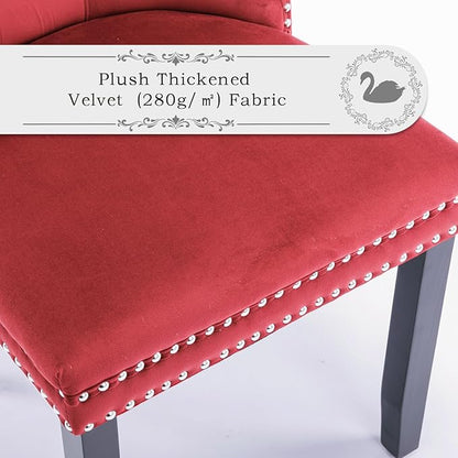 Velvet Upholstered Dining Chairs Set of 4, Modern Style Kitchen Side Chairs with Nailhead Trim and Wood Legs,Metal Pulling Ring for Dining Room Living Room(Wine Red,Set of 4)