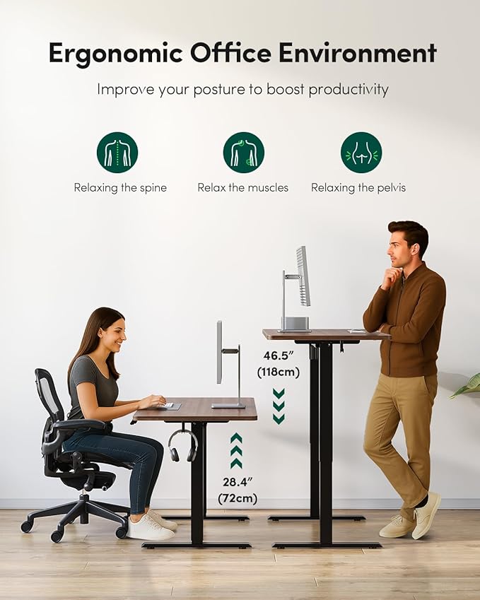 FEZIBO One-Piece Standing Desk Adjustable Height Stand up Home Office Desk, 55x24 Inch Electric Standing Computer Desk, with 4 Memory Presets, Headphone Hook, Black Walnut