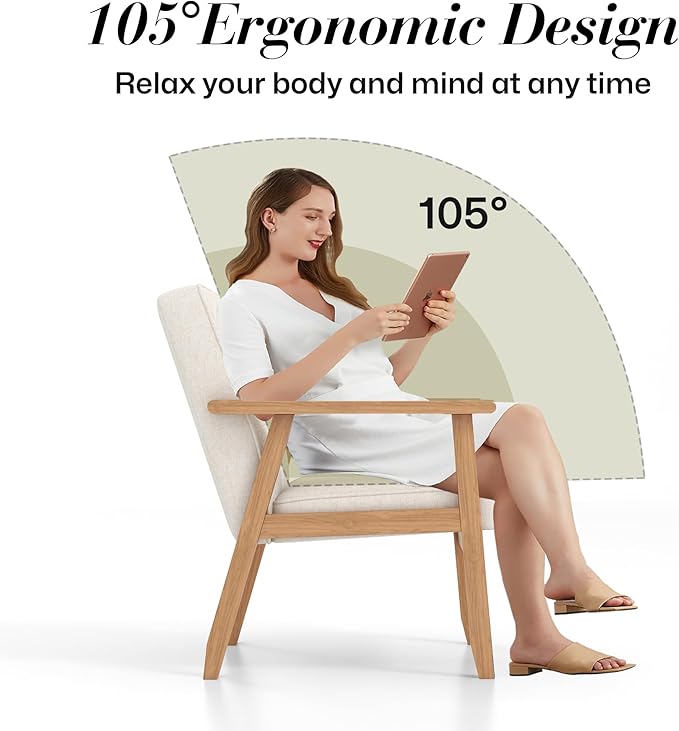 KCC Mid-Century Modern Linen Fabric Accent Chair, Upholstered Tufted Leisure Chair Comfy Reading Side Chair with Armrest and Solid Wood Frame for Living Room Bedroom Balcony(Beige)