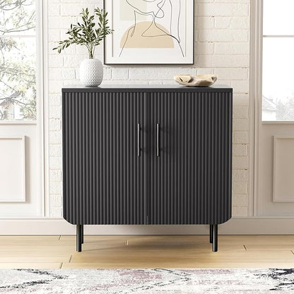 Set of 2 Fluted Black Storage Cabinets, Modern 2-Door Sideboard Buffet Cabinet with Adjustable Shelves and Metal Legs, Accent Cabinet for Kitchen, Living Room, Entryway (Black)
