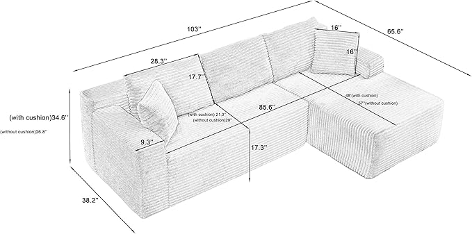 Cloud Sectional Couch, Corduroy Modular Sectional Sofa with L-Shape Chaise, Modern Boneless Couch Comfy Deep Seat for Living Room, Bedroom, Apartment, No Assembly (Black, Right Facing Chaise)