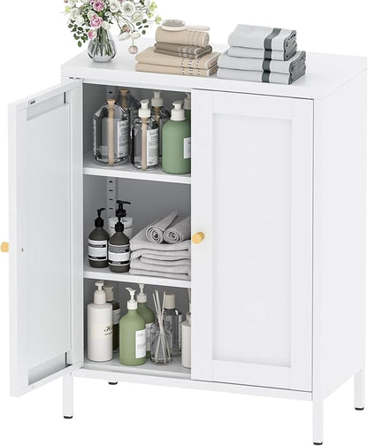 Bathroom Storage Cabinet, Metal Sideboard Cabinet, White Bathroom Floor Cabinets with 2 Doors and Adjustable Shelves for Kitchen, Living Room, Entryway,Office (White, 31.5" H)