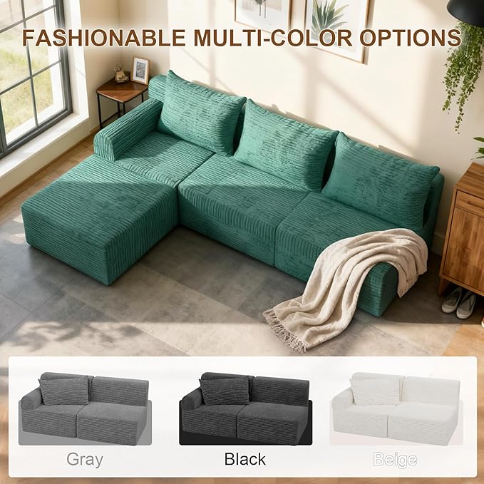 JSLOVE Modular L-Shape Sectional Sofa with Chaise, 3 Seat Movable Boneless Cloud Couch in One Box, Sofa Couch Bed with Ultra-Soft Corduroy Fabric, No Assembly Required for Living Room, Bedroom(Green)