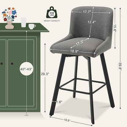 Swivel Bar Stools Set of 2, 30''H Upholstered Barstools with Backs, Modern Counter Height Bar Stool Chairs for Kitchen Island, Metal Legs, Fabric, Gray Counter Stools