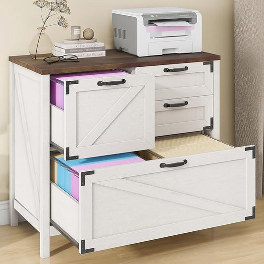 Lateral File Cabinet with 4 Drawers Farmhouse File Cabinet for Letter/Legal/A4 Size Hanging Files, Large Wood File Storage Cabinets Printer Stand for Home Office Cabinet, Rustic White
