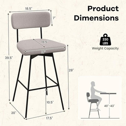 COSTWAY Bar Stools Set of 4, 29” Upholstered Bar Height Chairs with Back, 360° Swivel Bar Chairs with Heavy-Duty Metal Legs and Footrests, Fabric Seat for Kitchen Island, Dining Room, Bar (4, Beige)