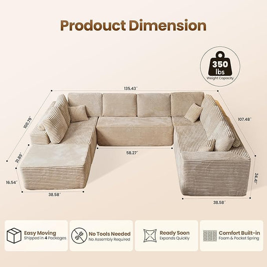 Cloud Sectional Couch with Loveseat, Boneless U-Shaped Cloud Couch with Deep Seat, Soft Plush Modern Minimalist Sofa, Assembly Free Modular Floor Sofa for Office Living Room Apartment, Beige