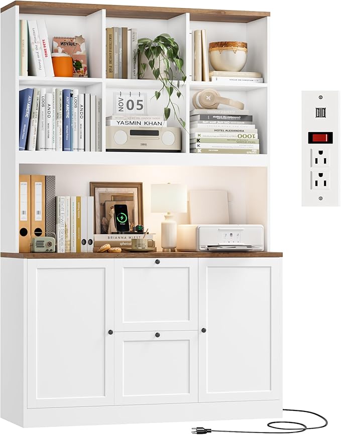 HIFIT 72'' Tall File Bookcase with Power Outlet & Printer Stand, 2 Drawer Filing Cabinets for Home Office Fit Hanging A4 File, Storage Cabinet w/ 3 Tier Open Book Shelf & Doors for Living Room, White