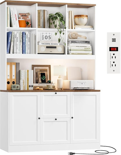 HIFIT 72'' Tall File Bookcase with Power Outlet & Printer Stand, 2 Drawer Filing Cabinets for Home Office Fit Hanging A4 File, Storage Cabinet w/ 3 Tier Open Book Shelf & Doors for Living Room, White