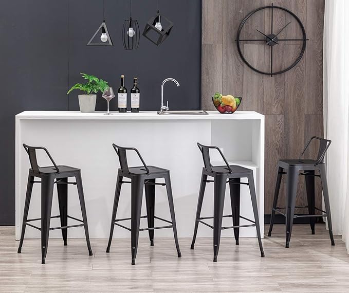 HAOBO Home 26" Low Back Metal Counter Stool Height Bar Stools [Set of 4] for Indoor/Outdoor Barstools, Matte Black