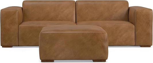 SIMPLIHOME Rex Modular Sofa and Ottoman Set in Full-Grain Genuine Leather, Caramel Brown, 88-inch-Wide 2-Seater Leather Couch and Matching 34-inch-Wide Table Ottoman for Living Room