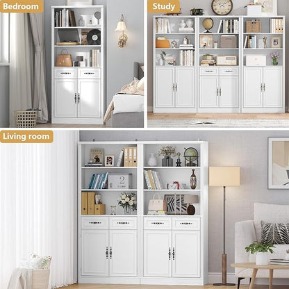 72'' Tall Bookcase with Doors and Drawers, Adjustable Shelves, P2 MDF Construction, 32'' Wide Freestanding Cabinet with Metal Handles, Hidden Storage for Living Room, Bedroom, White