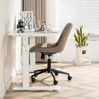 Kidol & Shellder Faux Leather Office Chair, Adjustable Swivel Height Task Chair, Rolling Wheels & Soft Backrest - Armless Ergonomic Desk Chair for Home, Office,Vanity,Gaming（Khaki）