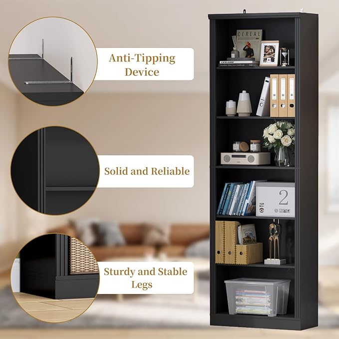 75" Tall Bookshelf & Bookcase Set of 2, 6-Tier Adjustable Storage Shelves, Book Shelf with Anti-Tipping Device, Floor Standing Modern Display Rack for Living Room, Bedroom, Office, Black