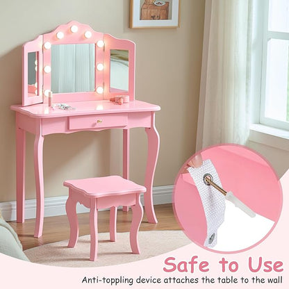 Kids Vanity Set, Kids Vanity Table and Chair Set with Stool and Light, 2 in 1 Wooden Kids Make Up Vanity Desk, Princess Makeup Table with Drawer for Girls