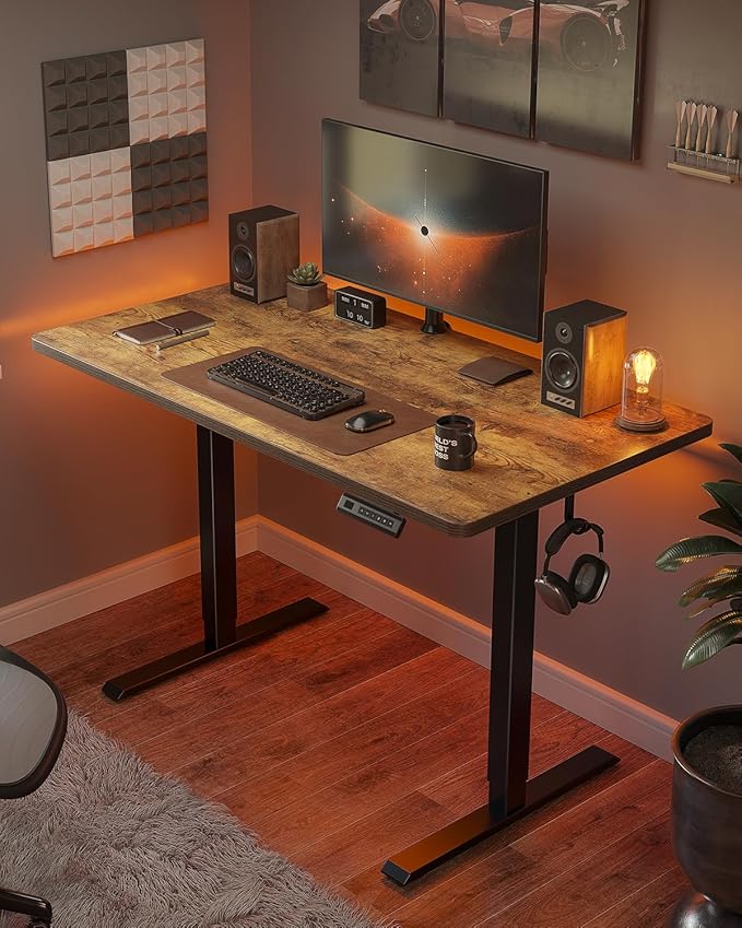 FEZIBO One-Piece Standing Desk Adjustable Height Stand up Home Office Desk, 55x24 Inch Electric Standing Computer Desk, with 4 Memory Presets, Headphone Hook, Rustic Brown