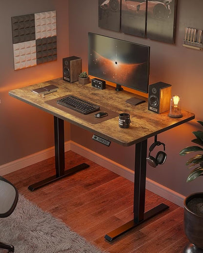 FEZIBO One-Piece Standing Desk Adjustable Height Stand up Home Office Desk, 55x24 Inch Electric Standing Computer Desk, with 4 Memory Presets, Headphone Hook, Rustic Brown