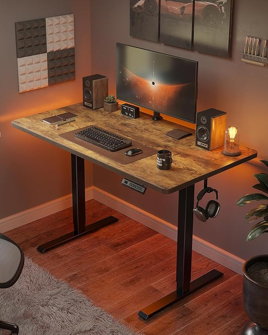 FEZIBO One-Piece Standing Desk Adjustable Height Stand up Home Office Desk, 55x24 Inch Electric Standing Computer Desk, with 4 Memory Presets, Headphone Hook, Rustic Brown
