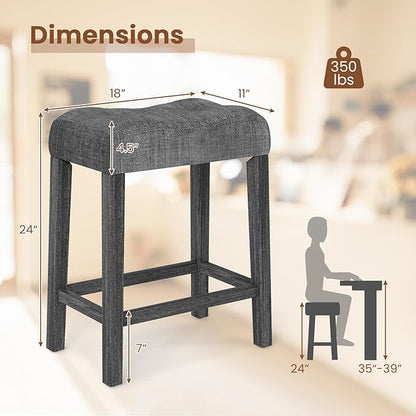 COSTWAY Wooden Saddle Stools Set of 2, 24-inch Counter Height Upholstered Backless Bar Stools with Solid Rubber Wood Legs, Padded Seat, Farmhouse Dining Chairs for Kitchen Island, Cafe, Grey