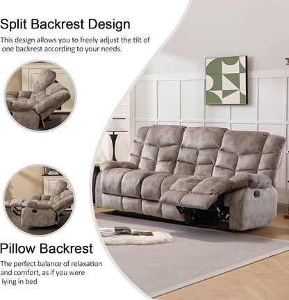 CANMOV Manual Reclining Sofa Set,2 Pieces Sofa Furniture Set for Living Room, Manual Recliner Sofa and Recliner Chair with Arms for Living Room, Bedroom, Light Brown (1+3)