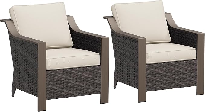 Patio Metal Swivel Chairs Set of 2, Wicker Conversation Furniture Set, Upholstered & 360 Degree Glider Rockers Armchairs, PE Rattan, Metal armrests, Terrace (Beige and Brown Stripe)