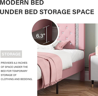 BarnFurin Full Size Bed Frame, Upholstered Platform Bed with Button Tufted Headboard, Princess Bed Frame with Diamond Design, No Box Spring Required, Easy Assembly, Pink