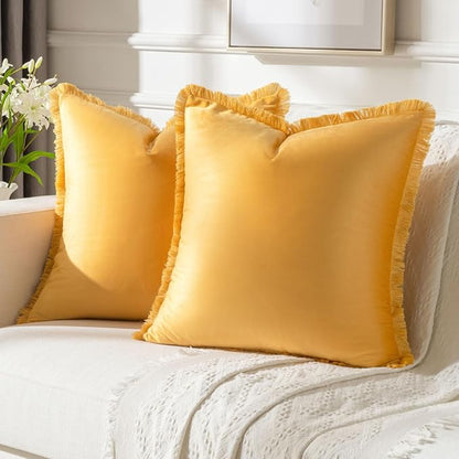 FUTEI Orange Velvet Decorative Throw Pillow Covers 16x16 Set of 2,Soft Cozy Edge with Tassels Cushion Case,Boho Modern Home Decor for Couch Bed Living Room