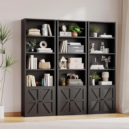 MXV Bookshelf Bookcase with Doors, 6 Tier 71" Tall Wooden Storage Shelves Organizer, Floor Standing Display Cabinet Shelves, Home Decor Furniture for Home Office, Living Room, Bedroom, Black