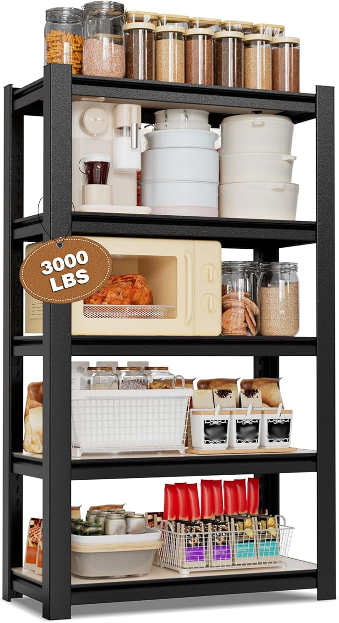 WORKPRO House 5-Tier Shelving Unit, 3000lbs Adjustable Storage Shelves, Boltless Book Shelf, Shelf Organizer for Kitchen, Living Room, Bathroom, Wood Grain Pattern, Waterproof Board, 24-1/10"W, Black
