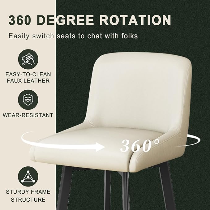 Swivel Bar Stools, 26''H Upholstered Barstools with Backs, Modern Counter Height Bar Stool Chairs for Kitchen Island, Metal Legs (Beige- Faux Leather, Set of 2-26" H)