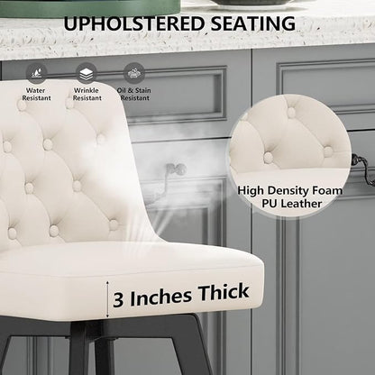 MINCETA Bar Stool, PU Leather Barstool, 30 Inch Upholstered Counter Stool with Low Tufted Back and Footrest, Swivel Counter Height Barstool for Kitchen Island Home Bar White
