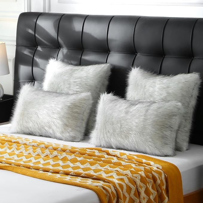 FUTEI Black White Decorative Throw Pillow Covers 16x16 Inch Set of 2,Soft Fluffy Faux Fox Fur Textured Cushion Case,Modern Home Decor for Couch Living Room