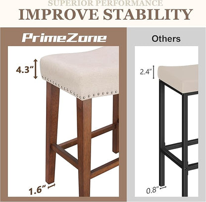 PrimeZone Counter Height Bar Stools Set of 3 - Backless Saddle Barstools with 4.3" Thick Upholstered, Nailhead Trim Linen Fabric & Solid Wood Legs, 26 Inch Counter Stools for Kitchen Island, Beige