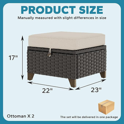 2 Pieces Patio Outdoor Ottomans with Removable and Washable Covers，PE Rattan Wicker Footstools for Porch, Garden, Sunroom (Beige)