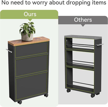 LITTLE TREE Slim Rolling Storage Cart, 3 Tier Snack Cart with Wheels for Kitchen, 6.3 Inch Wide Bathroom Organizer Shelves, Wooden Utility Cart for Laundry Room, Black