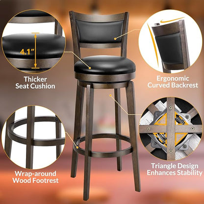 PrimeZone Swivel Bar Stools Set of 4, 34 Inch Extra Tall Bar Height Barstools, Black Faux Leather Bar Stool with High Backrest, Solid Wood Leg, Wrap-Around Footrest, Counter Stools for Pub