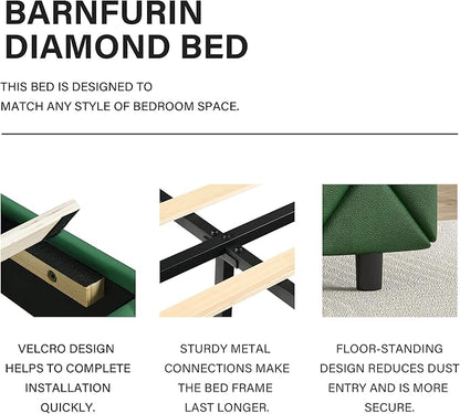 BarnFurin Full Size Bed Frame with Headboard, Faux Leather Upholstered Bed with Diamond Tufted Design, Mordern Bed Frame with Wooden Slats Suppor, No Box Spring Required, Easy Assembly, Green