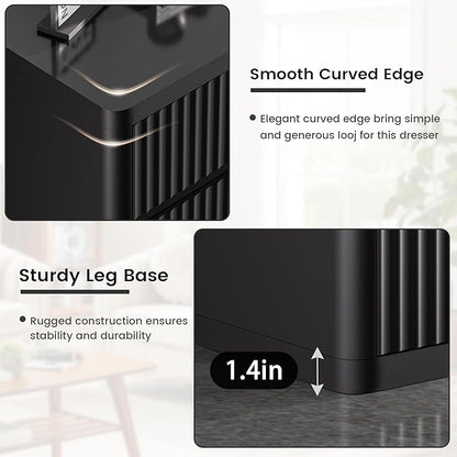 Black Dresser for Bedroom, 8 Drawers Double Fluted Dressers, Modern Chest of Drawers with Curved Profile, Handleless, Storage Closet Dressers for Bedroom, Living Room, Entryways, Natural