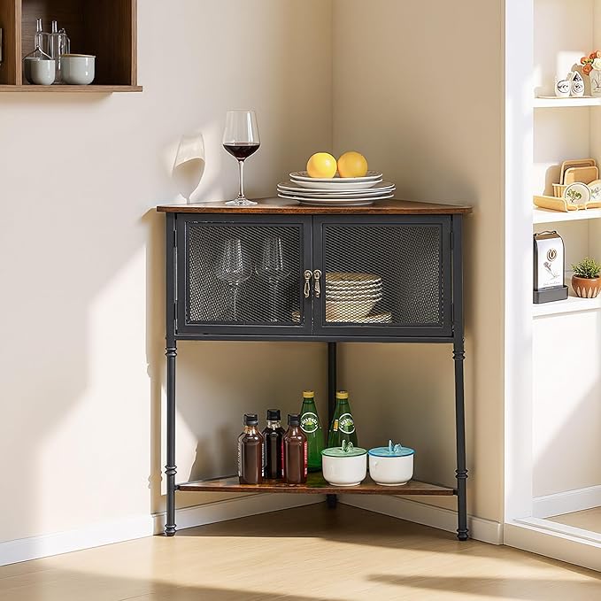 VECELO 3 Tier Corner Cabinet,Corner Table Shelf with Storage Cabinet,Industrial Metal Frame and Wood Shelves Organizer for Small Spaces in Living Room/Bedroom/Kitchen