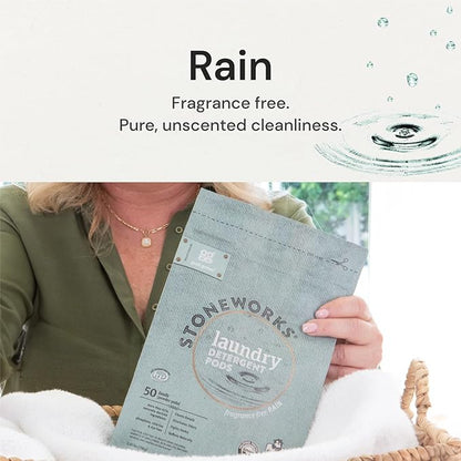 Grab Green Stoneworks Laundry Detergent Pods, 100 Count, Fragrance Free Rain Scent, Plant and Mineral Based, Cleans Deeply, Eliminates Odors, Fights Stains