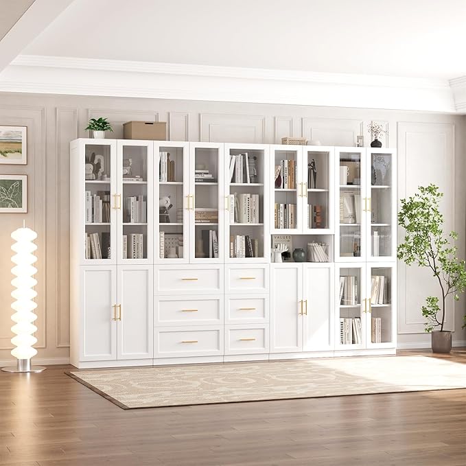 VOWNER Bookcase with Glass Doors & Drawers, 5 Tier Bookshelf with Adjustable Shelf, Modern Large Storage Display Cabinet Set for Home Office, Living Room, White (BDDB)