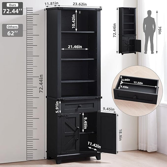 72in Tall Bookshelf 7 Tier Bookcase with Drawer and Barn Doors and Adjustable Shelves, Black Farmhouse Book Shelf with Storage Cabinet, Wood Freestanding Display Bookshelves for Living Room