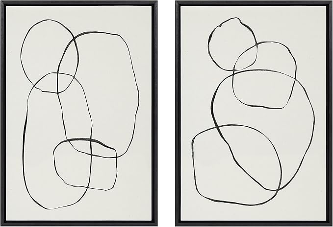 Kate and Laurel Sylvie Modern Circles and Going in Circles Framed Linen Textured Canvas Wall Art Set by Teju Reval of SnazzyHues, 2 Piece 23x33 Black, Decorative Abstract Art Prints for Wall