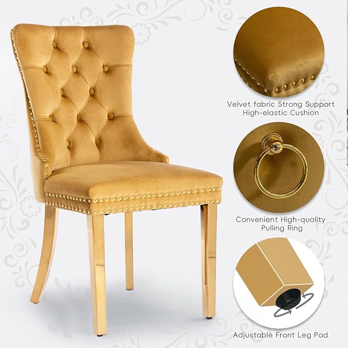 Velvet Upholstered Dining Chairs Set of 6, Modern Style Kitchen Side Chairs with Nailhead Trim and Gold Plated Leg, Metal Pulling Ring for Dining Room Living Room(Gold-Gold Plated Leg)