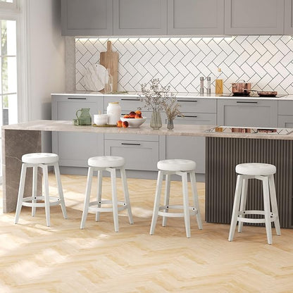 COSTWAY 360° Swivel Bar Stools Set of 4, 30-inch Height Vintage Upholstered Rubberwood Backless Bar Chairs with Footrest, Retro Kitchen Counter Stools for Kitchen Island Dining Room Home Bar, White